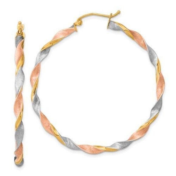 14k White and Rose Rhodium Satin Twisted Hoop Earrings measures 2 inches in diam - Picture 1 of 4